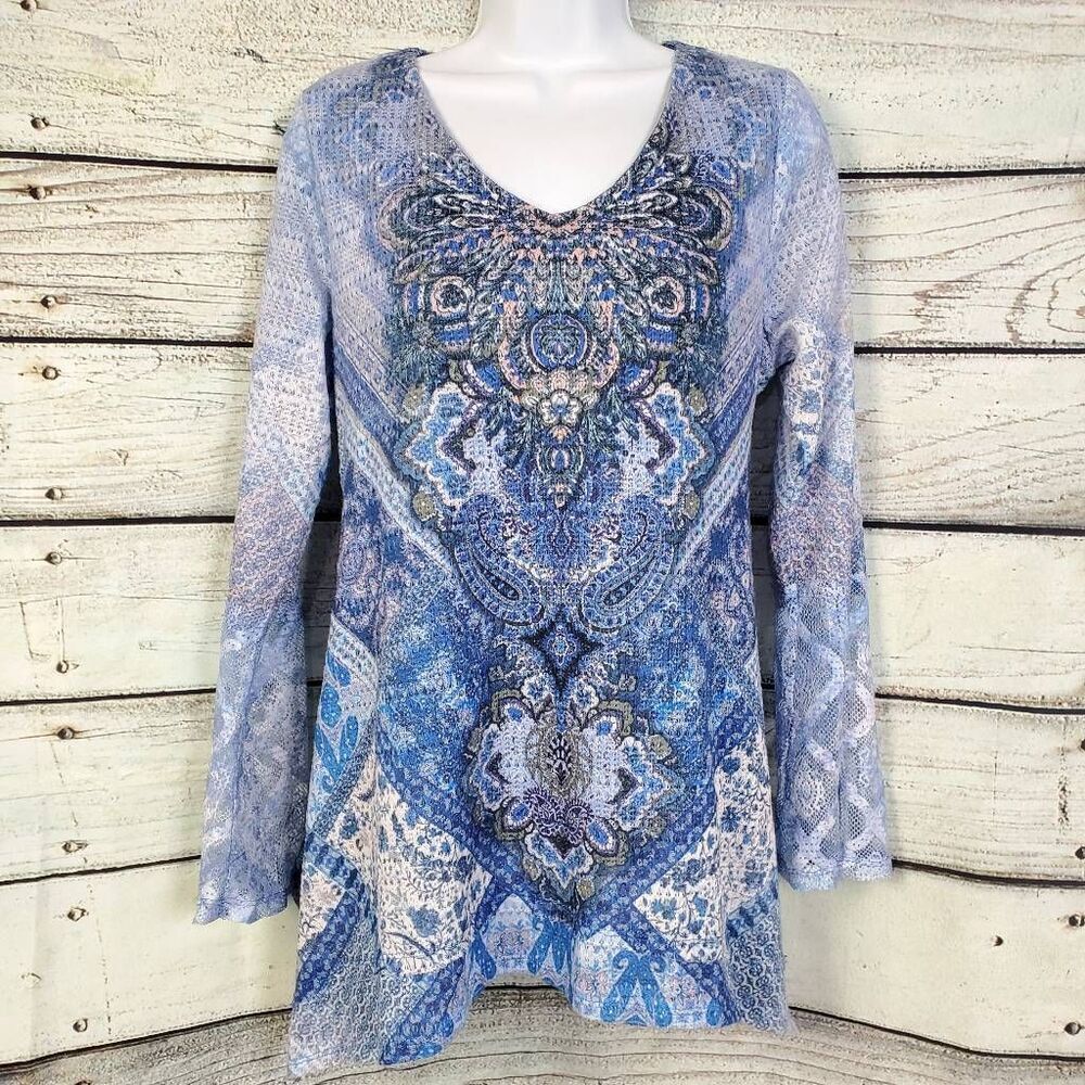 OneWorld Women’s Blue Boho Print Long Sleeve Tunic Top Size Large